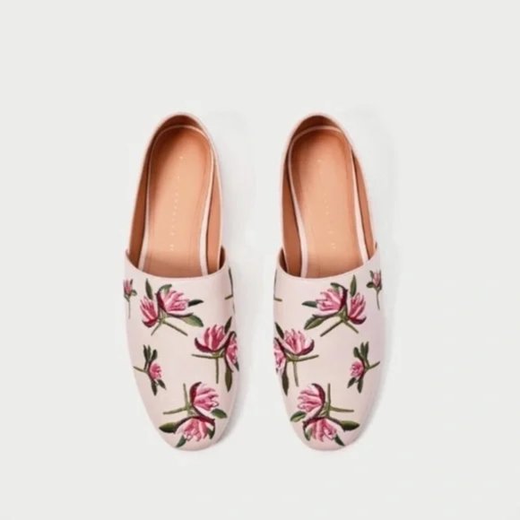 ZARA Embroidered Floral Faux Vegan Leather Pink Flat Loafers Shoes - US 8 - Picture 3 of 10